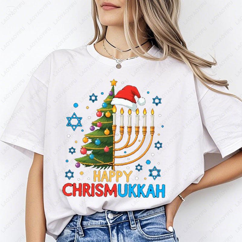 Happy Chrismukkah Tshirt Hanukkah Christmas Menorah Tree Tees Retro Fashion Xmas Casual Wear High Quality Men Woman Cotton Shirt