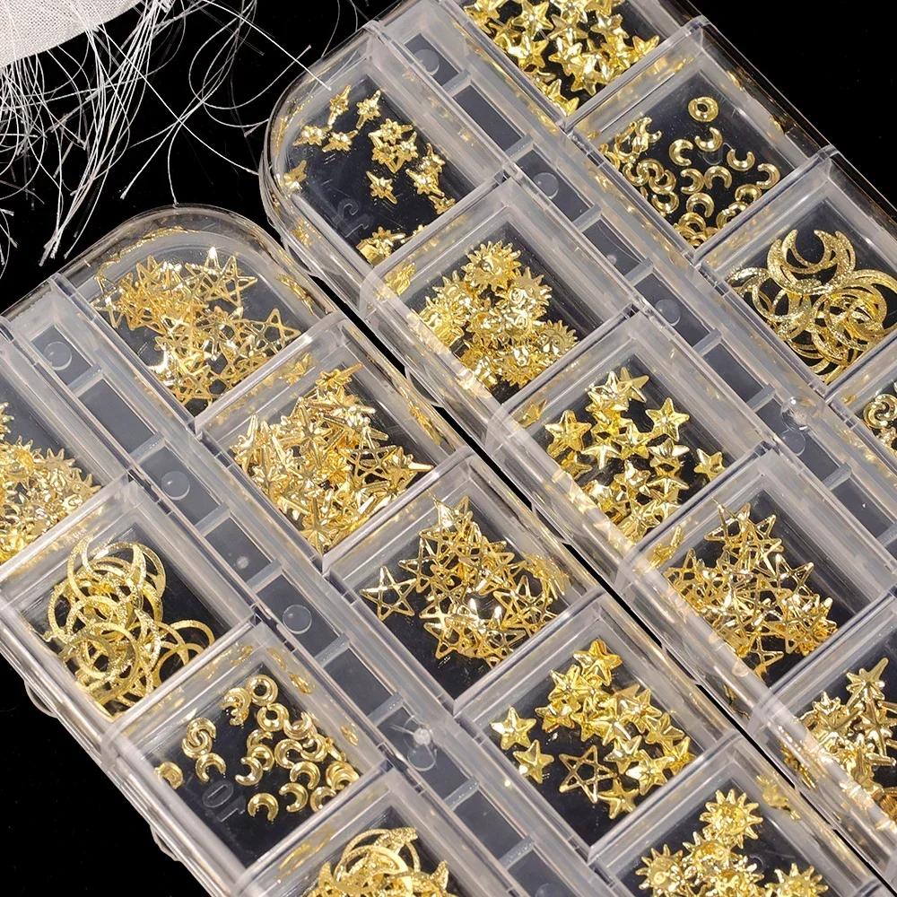 12 Grids Gold Star Moon Nail Art Charm 3DMetal Nail Rhinestones for Acrylic Nails Decoration Jewelry Making DIY Crafts Supply
