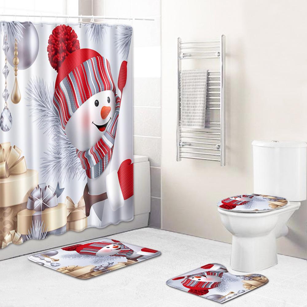 Christmas Toilet Seat Shower Curtain Four-Piece Printed Floor Mat Set Bathroom Floor Mat Bedroom Absorbent Door Mat Carpet