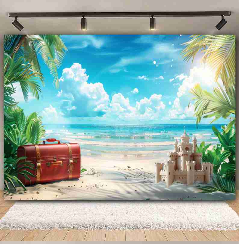 Surfboard and palm tree themed fabric background for summer beach, Christmas party photography studio background in Hawaii s tropical beach bar. China Mainland&Vinyl 100X75cm