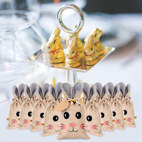 Easter Bunny Bags, Easter Burlap Gift Bags with Gift Tags Hemp Rope,