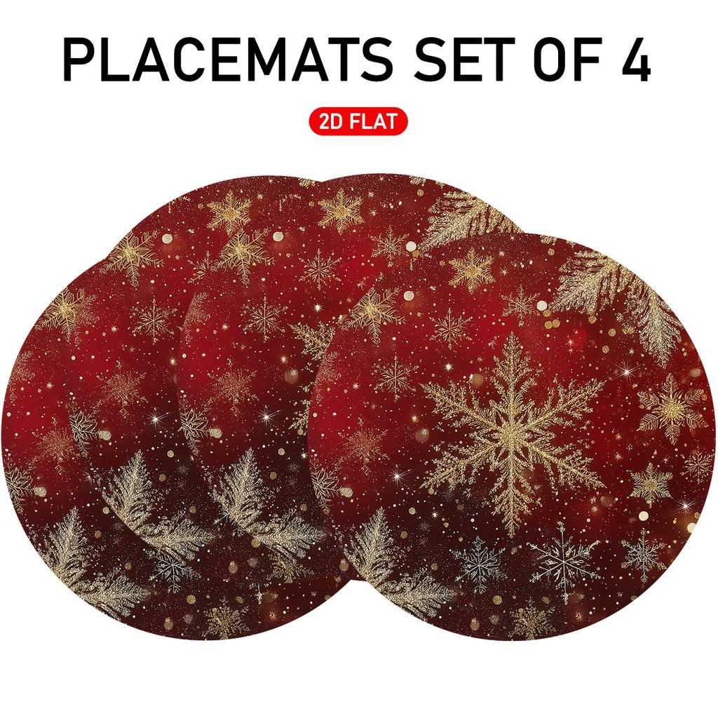 4/6pcs Set, Christmas-themed Red Round Placemats with Golden Snowflake and Sequin Embellished Patterns, Suitable for Holiday Table Settings, Family Di