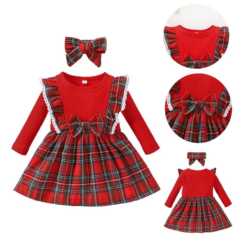 Toddler Xmas Plaid Printed Long Sleeve Christmas Dress