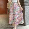 Qooth Saia Midi Feminina de Cetim Estampada Floral Elegante Cintura Elástica Acetato QT2144