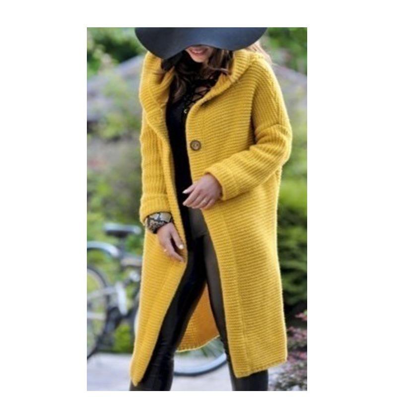 Style Autumn Winter Solid Color Loose Sweater Cardigan Women Mid Length Comfortable Casual Hooded Knit Coat
