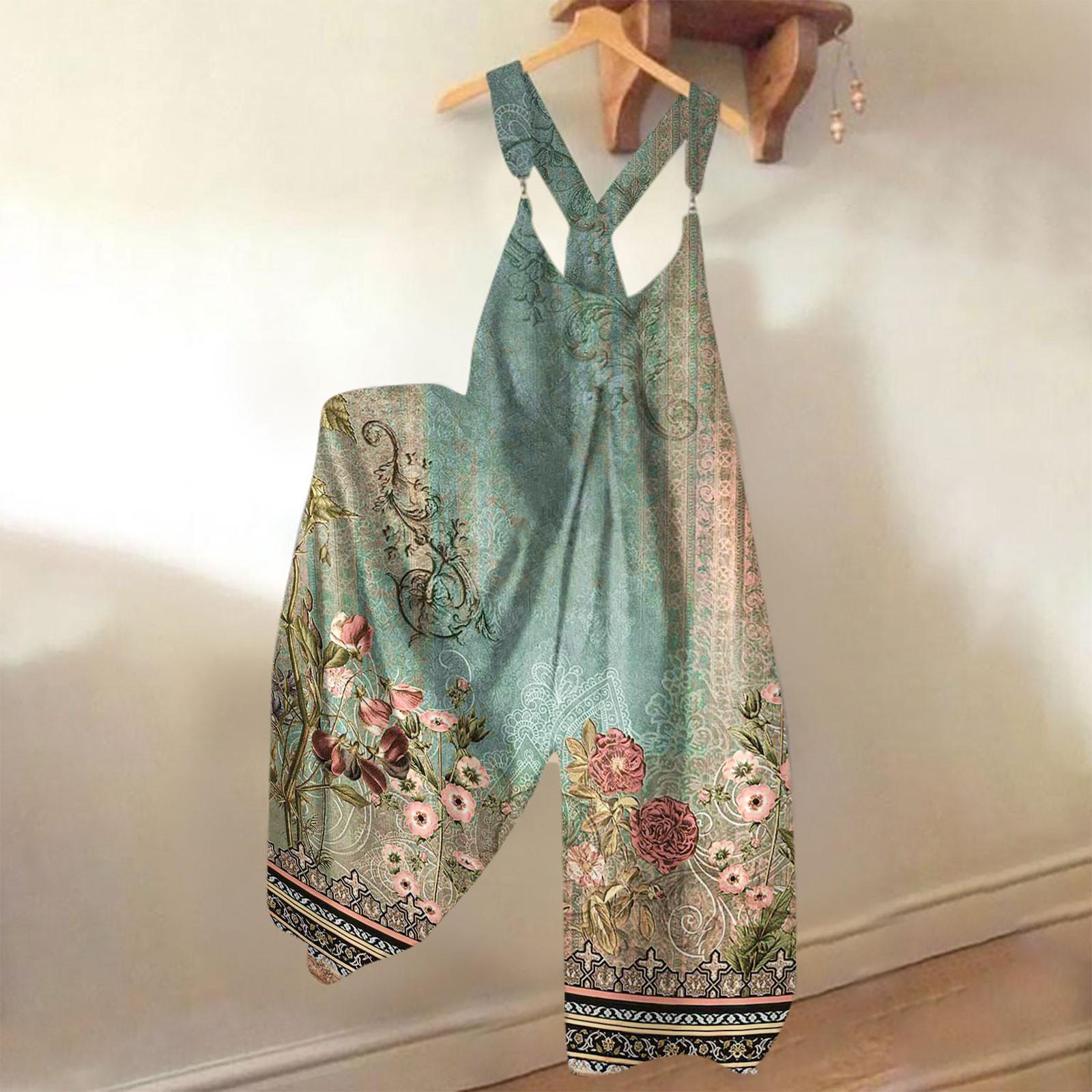 

Широкие комбинезоны для женщин, повседневные свободные комбинезоны без рукавов, ретро-принт, металлические пуговицы, длинные брюки, комбинезон с карманами XL