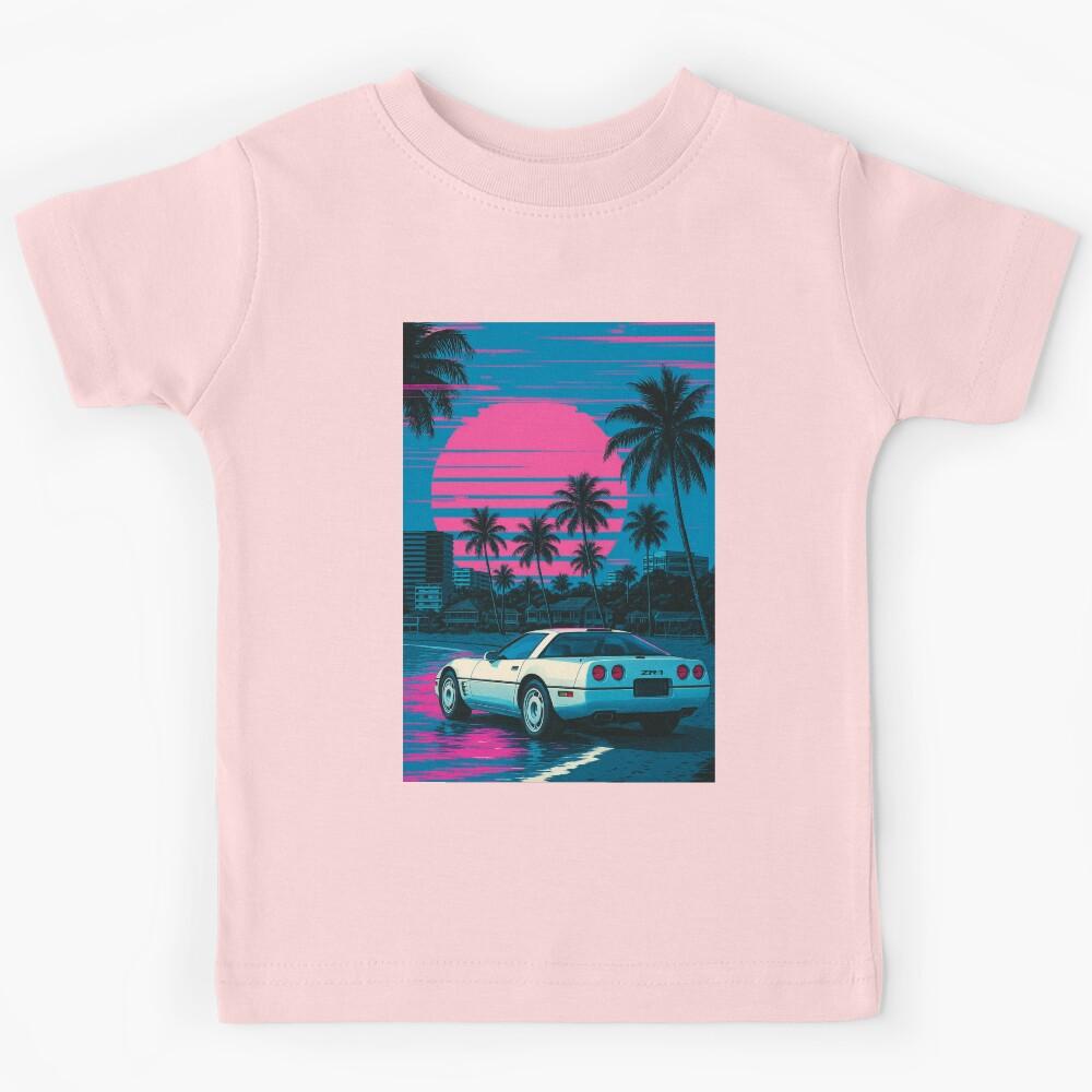 Retro C4 Corvette ZR-1 Cruising a Neon Beach Sunset Kids T-Shirt 100