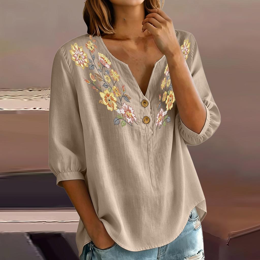Women Floral Pattern Henley Neck Button Front Three Quarter Sleeve Linen Cotton Blend Shirt Casual Loose Fit Blouse
