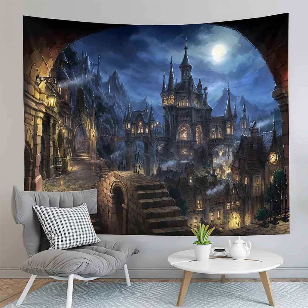 Fantasy Castle Tapestry River Forest Tapestry Fairy Tale World Tapestry Home Living Room Dorm Bedroom Aesthetics Tapestries