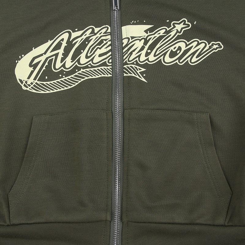 Roupa de Rua Estampa de Letra Estrela Feminina Punk Vintage Verde Zíper Y2K Moletom Curto de Manga Comprida