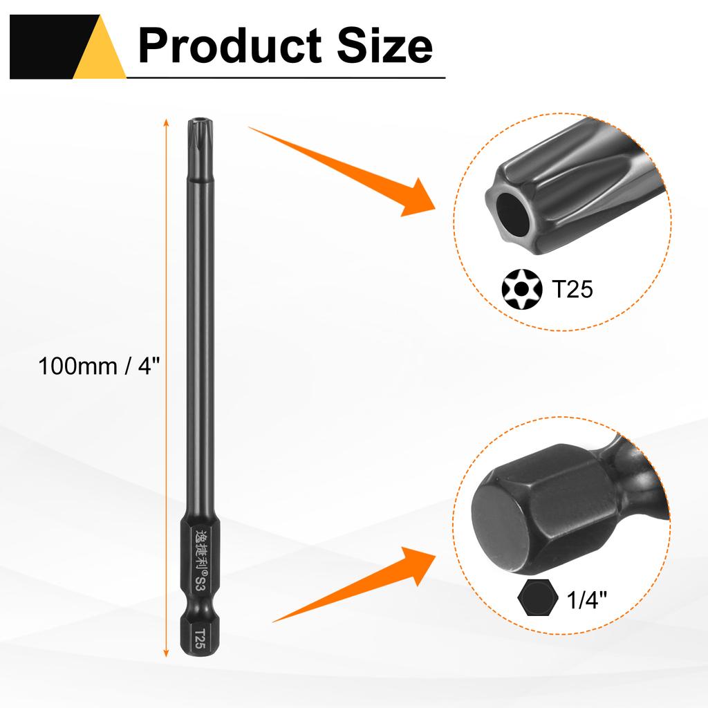 6pcs T6-T40 Torx Screwdriver Bit 1/4" Hex Shank 75mm/100mm S3 Steel Magnetic Tamper Proof Star 6 Point Head Hex Screw Driver Bit