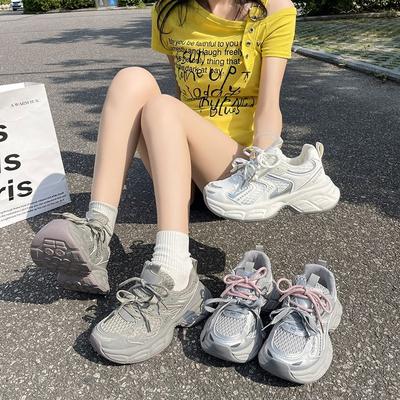 Fashion Double Lace Dad Shoes Women's Spring New Thick Bottom Heightening Mesh Breathable Casual Sports Shoes