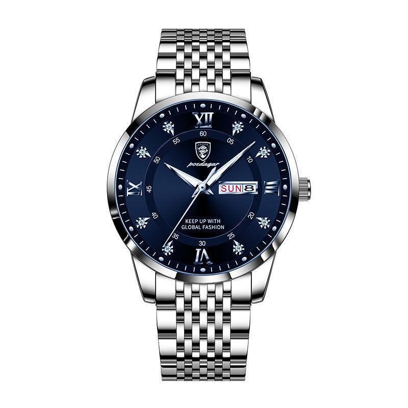 POEDAGAR Luxury Business Man Watch Stainless Steel Week Date Men's Wristwatch Waterproof Luminous Fashion Quartz Watches for Men