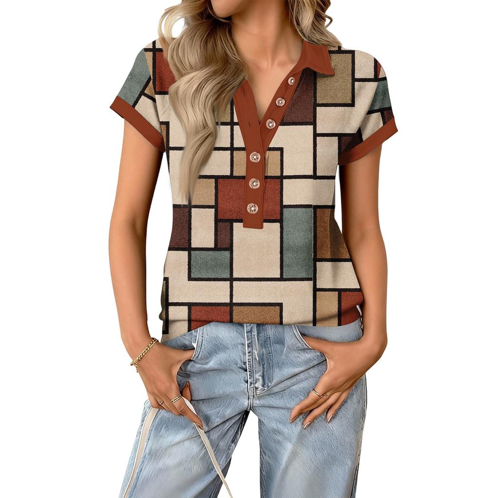 Women's Fashionable and Casual Summer V,neck Patchwork Short,sleeved Plaid Print Top
