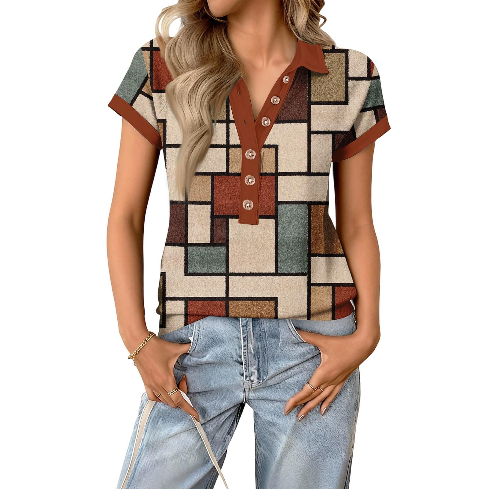 

Women s fashionable and casual summer V,neck patchwork short,sleeved plaid print top XL