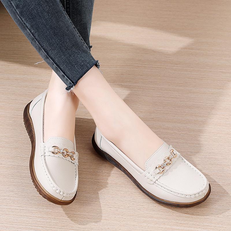 Genuine Leather Women's Non-Slip Loafers - Soft Sole, Comfortable Flats for Middle-Aged and Elderly
