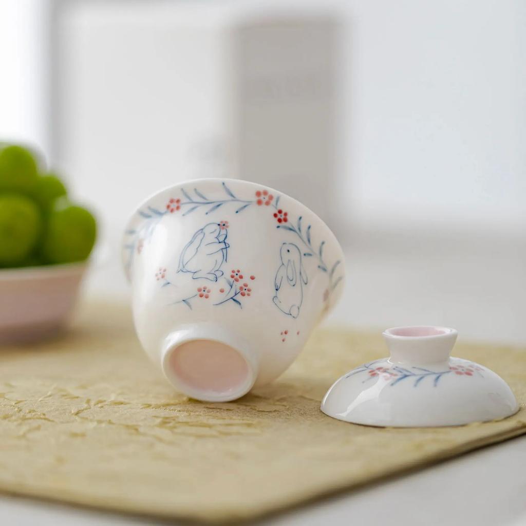 90ml Hand Painted Rabbit Gaiwan Set For Tea Chinese Small Tureen Pink Tea Bowl Kung Fu Tea Chawan Tea Cups Lily Deng's Store