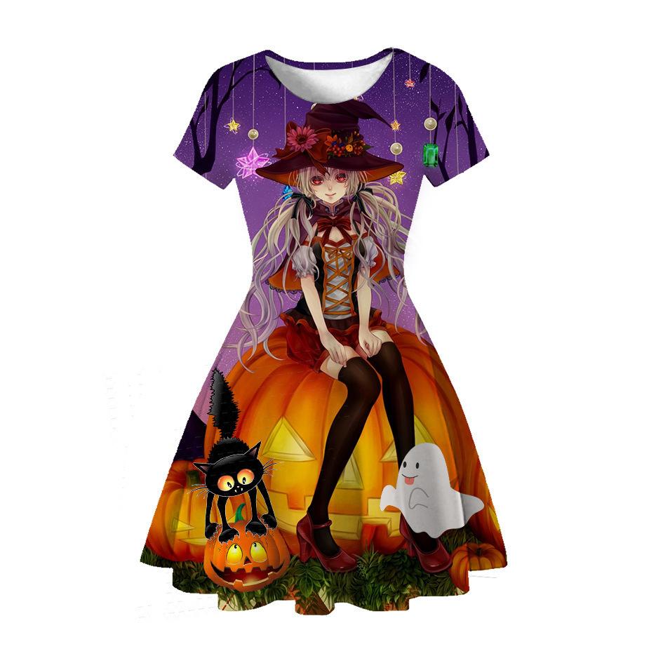 Halloween Witch Children S Short Sleeve Dress 3D Digital Printing Pumpkin Series Children S Dress 100cm