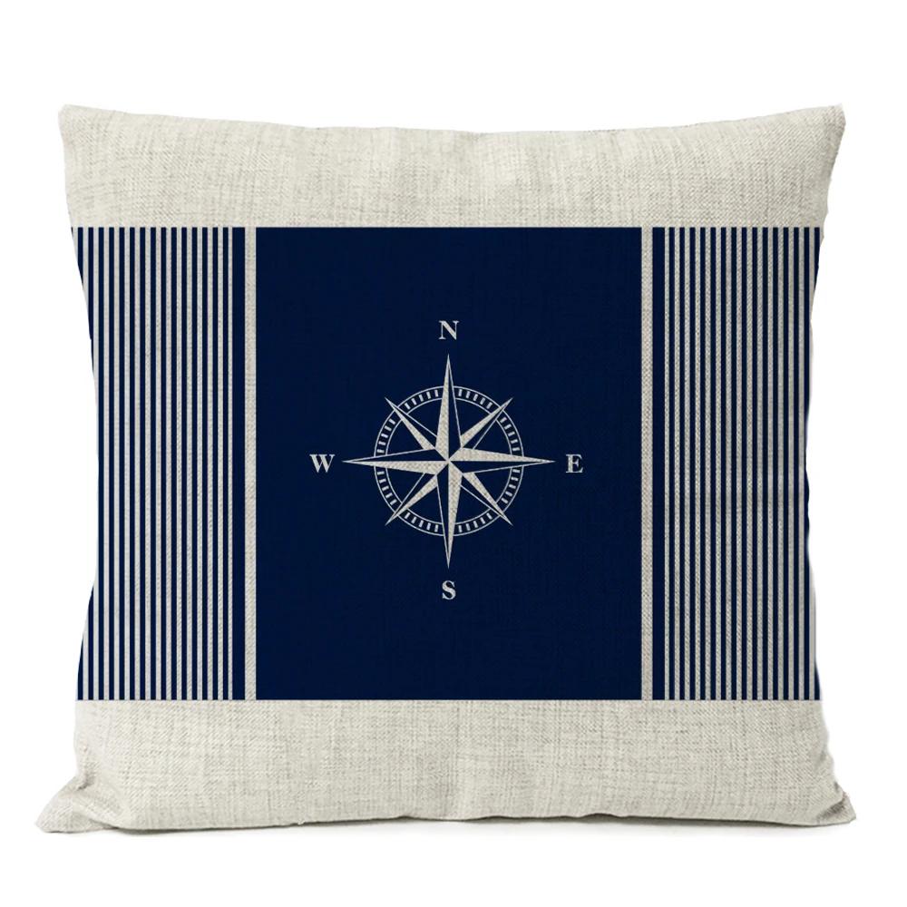 Home Decorative Navigation Blue Compass Anchor Pillow Cover Nautical Shell Fish Linen Pillow Case Mediterranean Cushion Cover