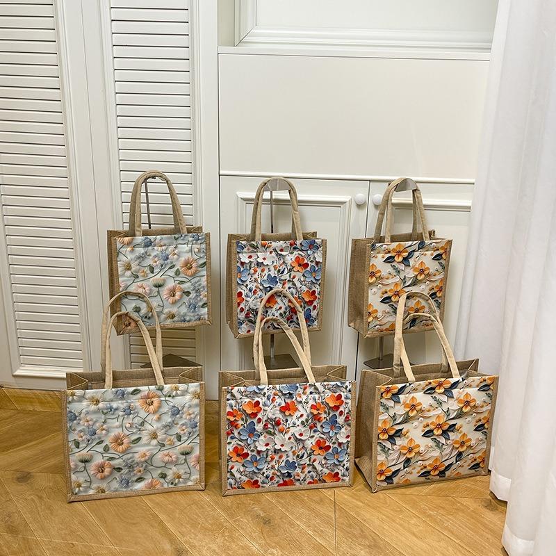 Linen zipper handbag women's new flower pattern large capacity tote bag going out to work commuting linen bag