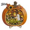 Handmade Wooden Halloween Art Ghost Pumpkin Tabletop Sign House with Mini Tiered Stacked Crafts Scene Fall Harvest Desktop Ornament for Home Office