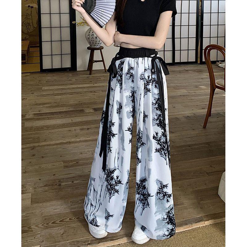 Plus Size Chinese Ink Painting High Waist Wide Leg Summer Skirt-Pants for Women