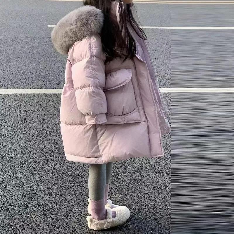Winter Girls Jacket Long Solid Color Thick Warm Big Fur Collar Hooded Zipper Coat Teen Kids Parka