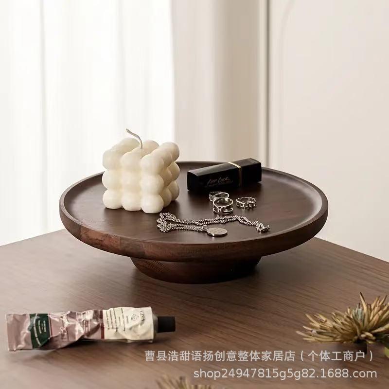 Japanese-Style Wooden Fruit Bowl: High-Footed Solid Wood Round Tray for Home Use and Retro Snack Serving.