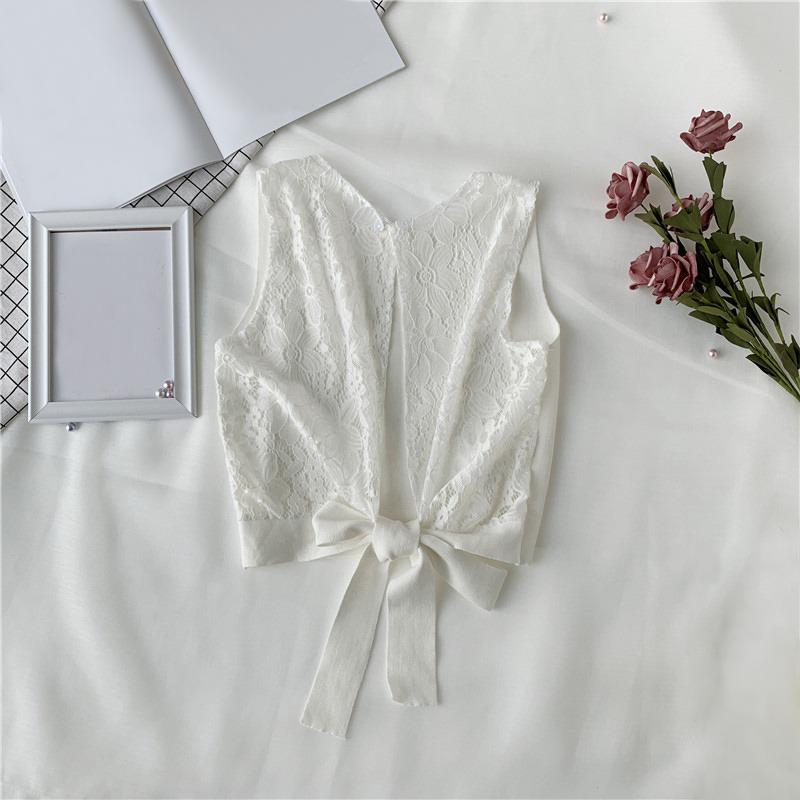 Women's Top Sleeveless O Neck Solid Casual Lace Up Backless Lace Stitching T-Shirt