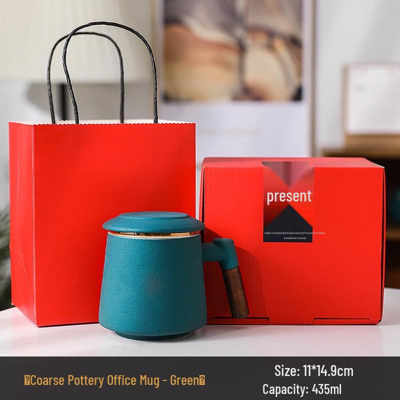 Wooden Handle Ceramic Filtered Tea Cup with Gift Box