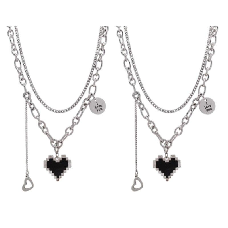 

2PCS White Gold-plated Necklace Trampoline Hip Hop Style Mosaic Heart Alloy Round Pendant Jewelry