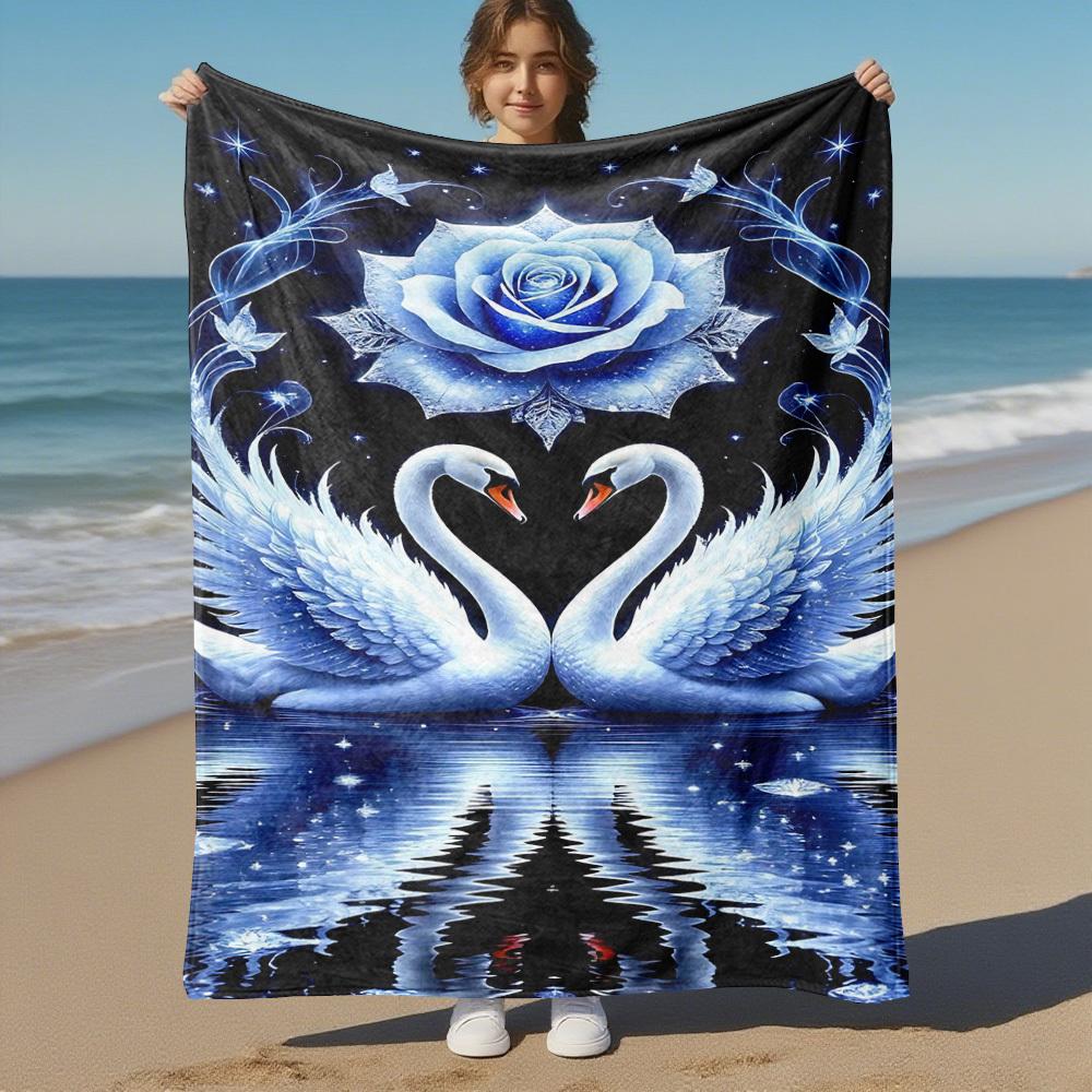 1pc Swan Love Outdoor Flannel Blanket Soft Warm All-Season Throw for Sofa Bed Car Camping Office, Cozy Gift Idea1192S