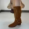 Fashion Block Heel Single Boots Women's Fashion Round Toe Suede Studded Metal Ring Anti-Slip Wear-Resistant Tall Boots