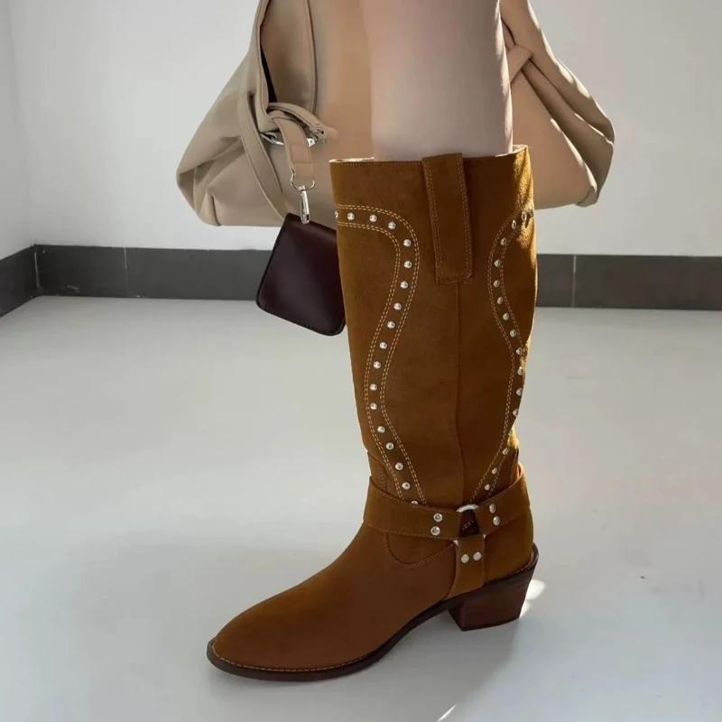 Fashion Block Heel Single Boots Women's Fashion Round Toe Suede Studded Metal Ring Anti-Slip Wear-Resistant Tall Boots