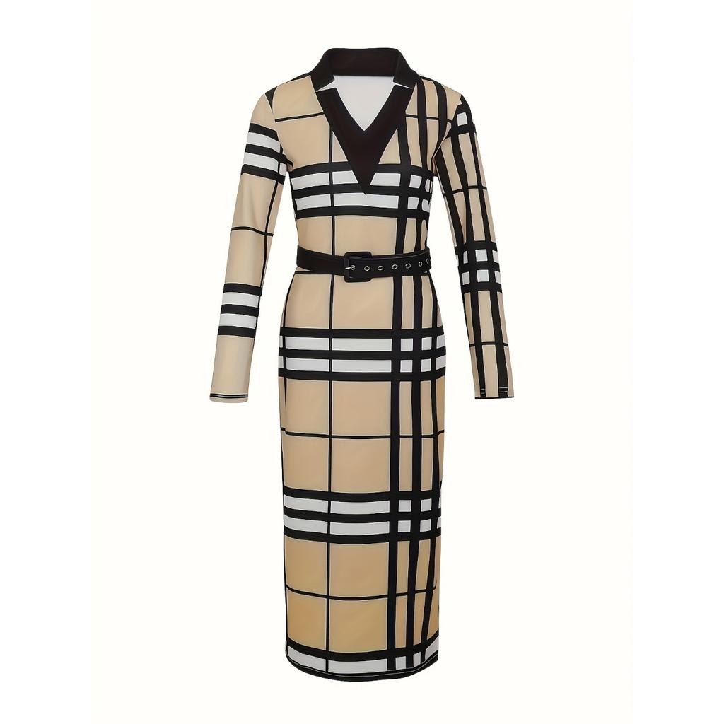 Elegante Vestito Sexy a Quadri con Scollo a V, aderente, a Maniche Lunghe