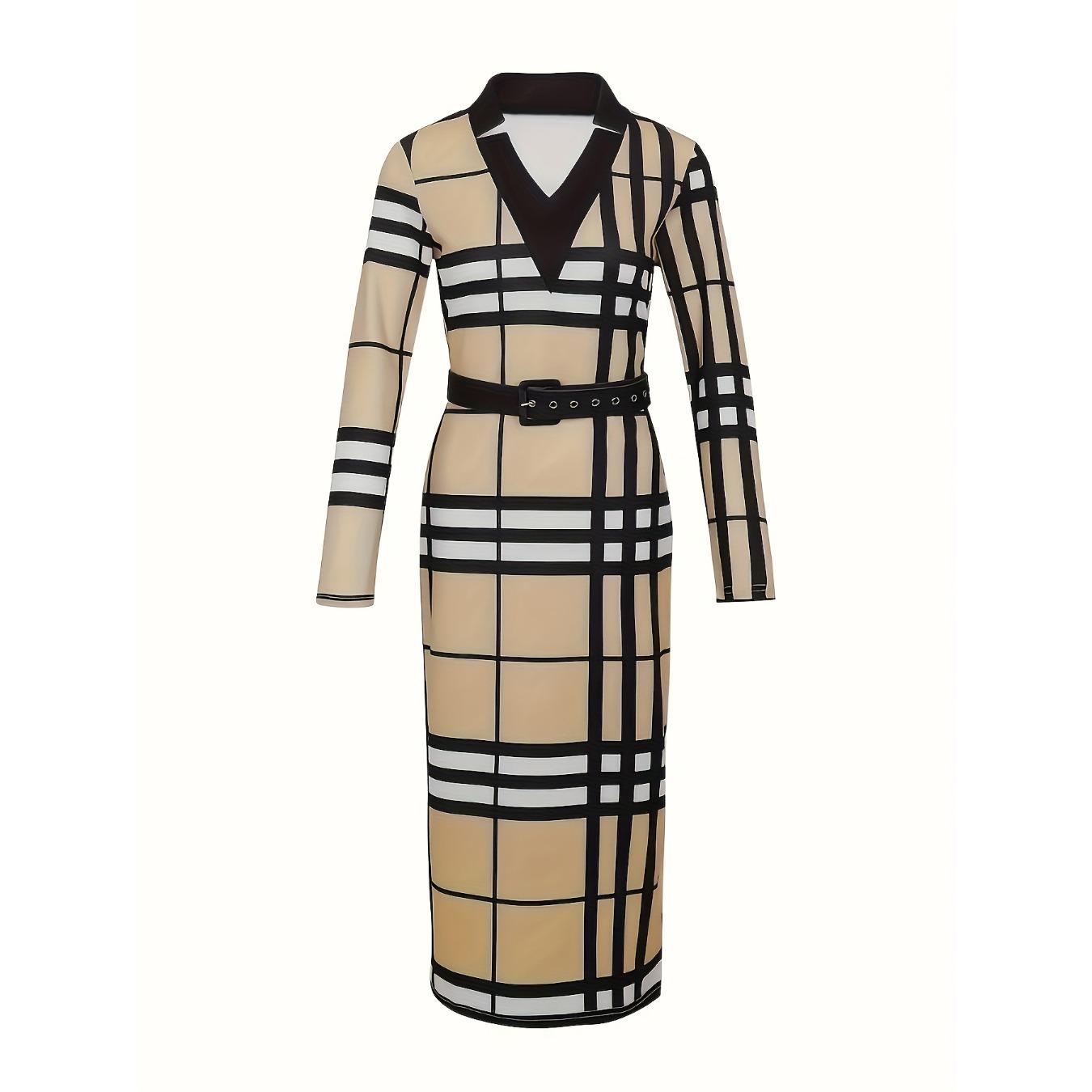 

Fashionable Checked V-neck, Body-hugging Long-sleeved Sexy Dress XXXL