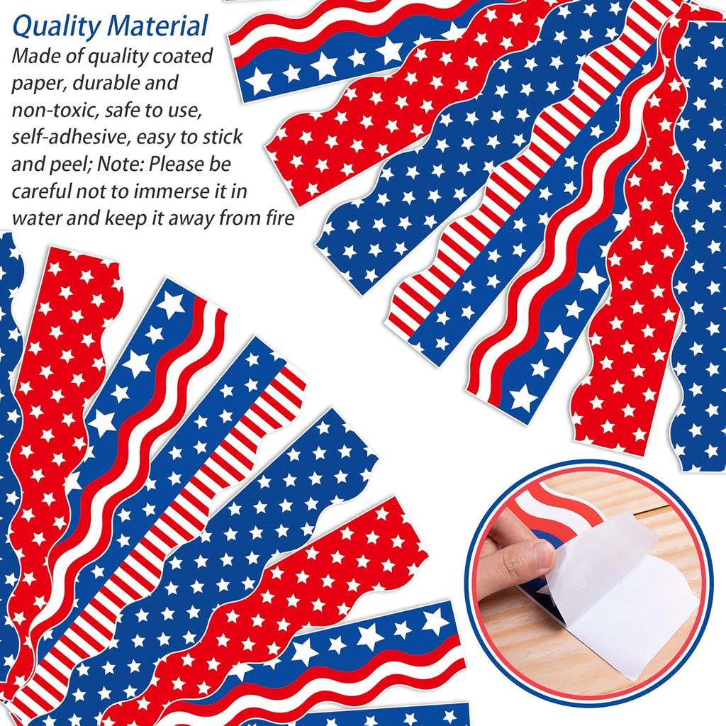 Waline 69Ft 4th of July Bulletin Board Trim Border Stickers 4 Design Self-Adhesive n Flag Border Decals for Independence Day Classroom Decoration