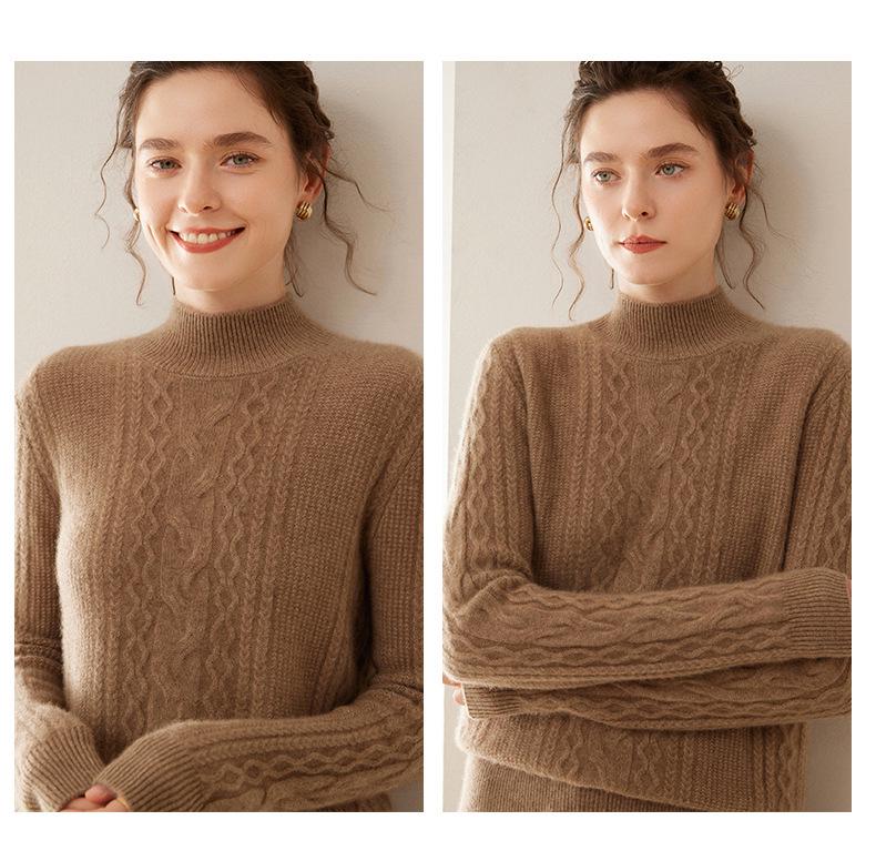 Women's Cable Knit Cashmere Sweater - Twisted Flower Bobble Stitch, Half-High Collar, Slim Fit