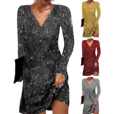 Kadın Payetli Elbise V Yaka Bol Uzun Kollu Düz Renk Abiye