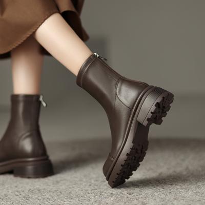 New Korean Version Women's Martin Boots Thick-soled Non-slip Medium Heel Large Size Women's Boots Square Heel Zipper Round Head Autumn and Winter Boot