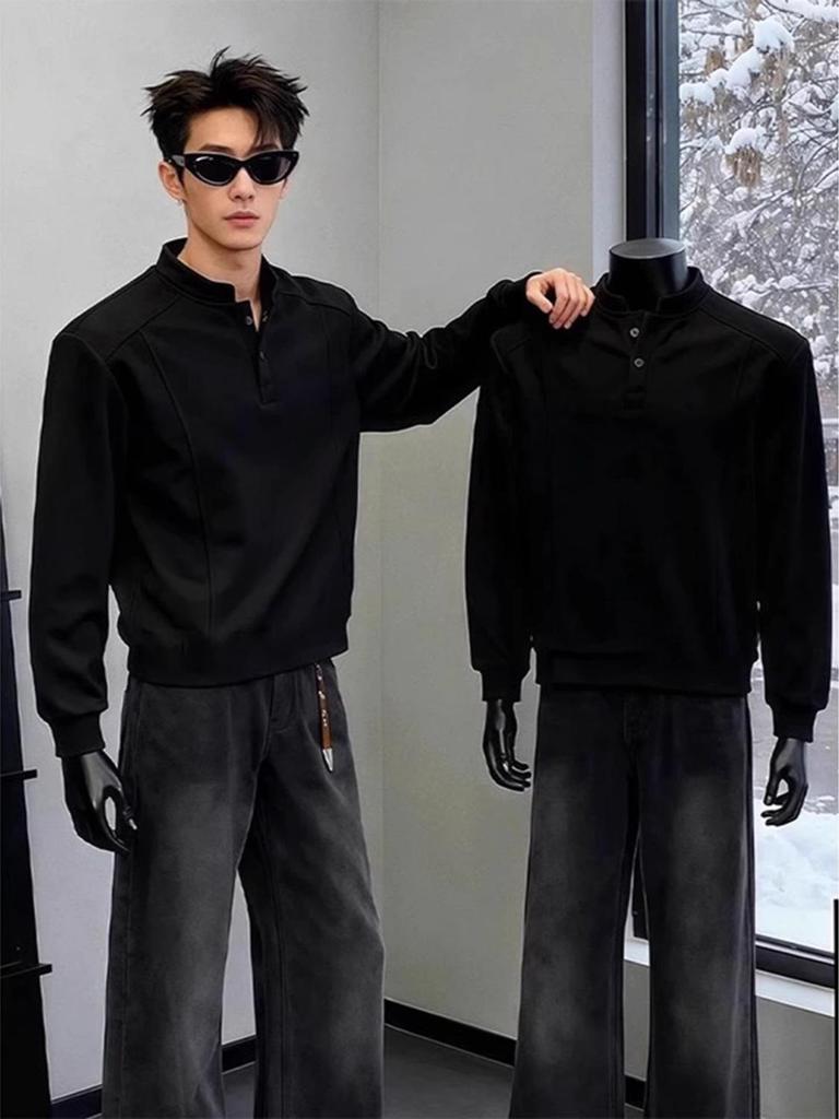 Men's American Style Henley Collar Hoodie: Plain Color, Autumn/Winter Casual Pullover, Long Sleeve Versatile Base Layer.