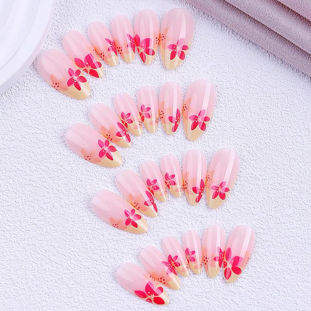 Almond Shape Nude Nail Set with Flowers & Polka Dots – 24 Detachable Pieces
