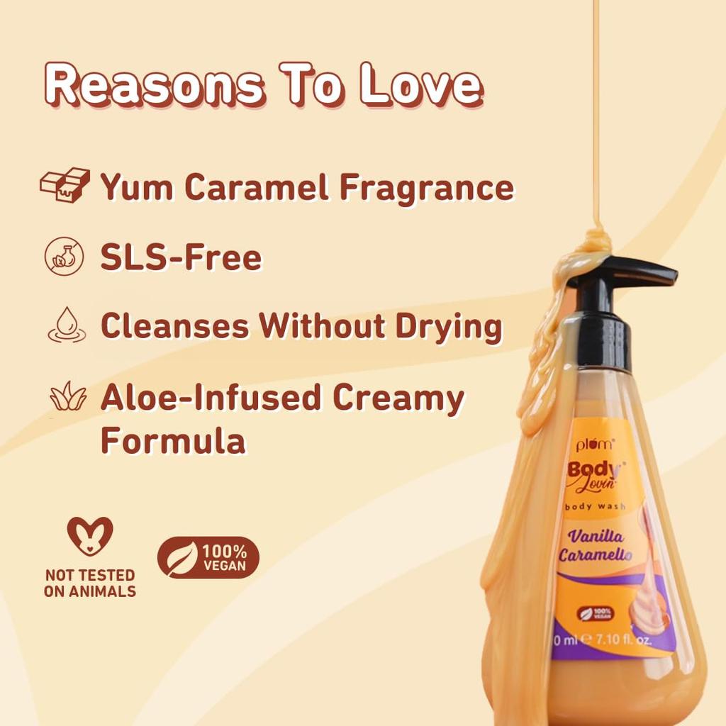 Plum BodyLovin Vaniglia Caramello Bagnoschiuma Gel Doccia Cremoso Per Donne Profumo Quotidiano al Caramello Pelle Morbida e Liscia 240 ml