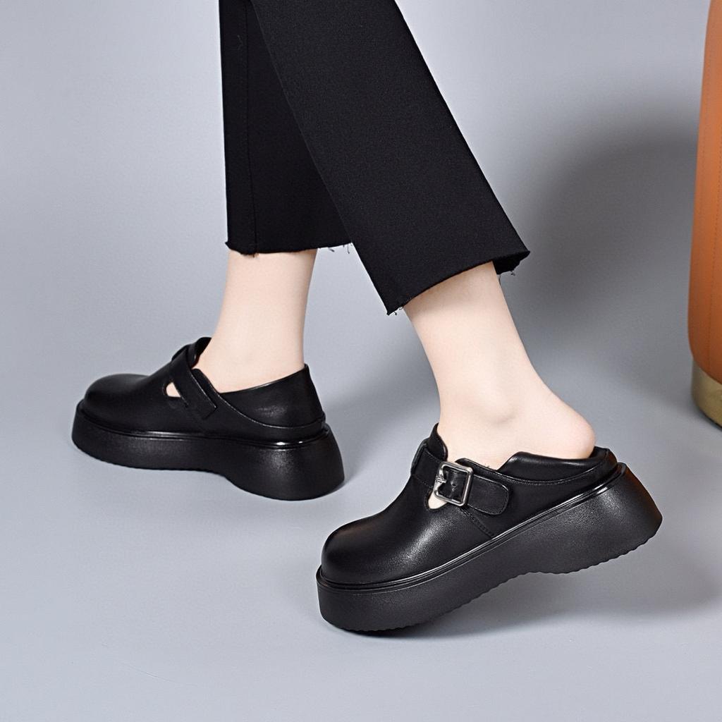 Platform shoes women's spring new round head belt buckle deep mouth single shoes one shoe two wear British small leather shoes