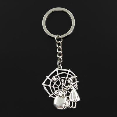 Fashion 30mm Key Ring Metal Key Chain Keychain Jewelry Antique Silver Color Plated Witch Refining Drug Spider 38x30mm Pendant
