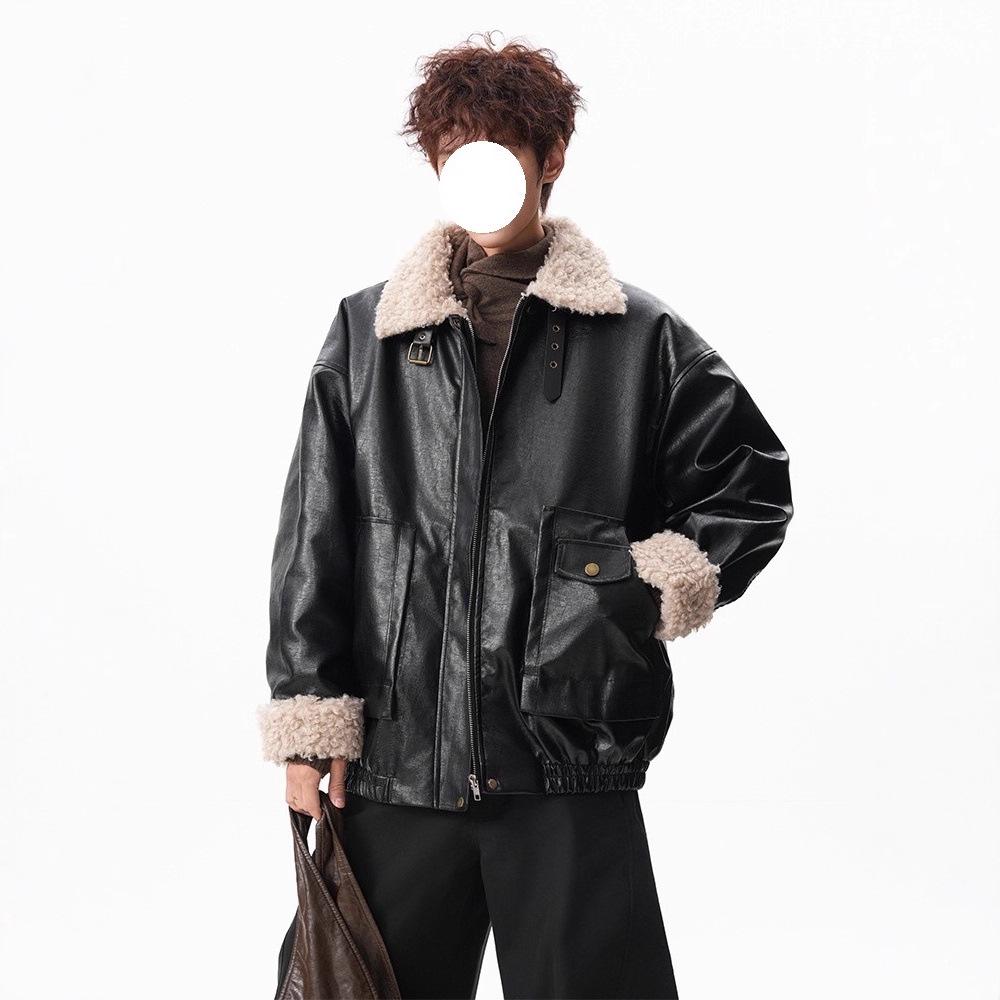 Herren Retro Lammwolle Leder Reversjacke - Gepolstert, Verdickt, Cooler Patchwork-Stil