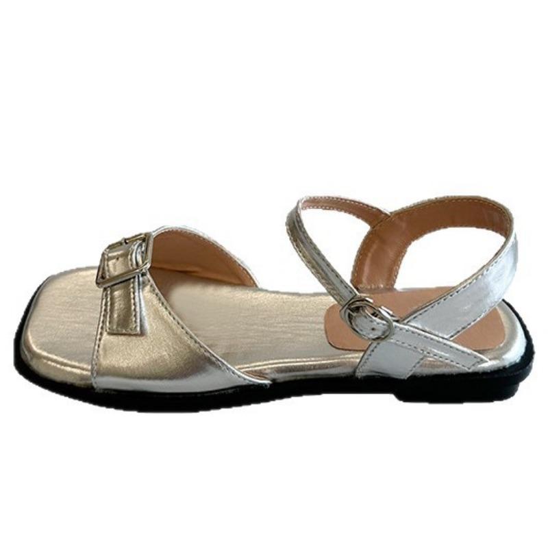 Summer slippers retro one-word belt buckle open-toed square head women's flat sandals low heels