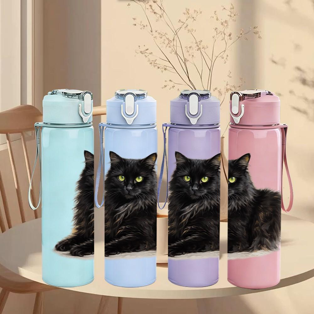 1PC Black Long Hair Cat Portrait Print 750ml Color Plastic Sports Water Bottle Leakproof Flip Straw Lid Suitable for Sports Office Home Use