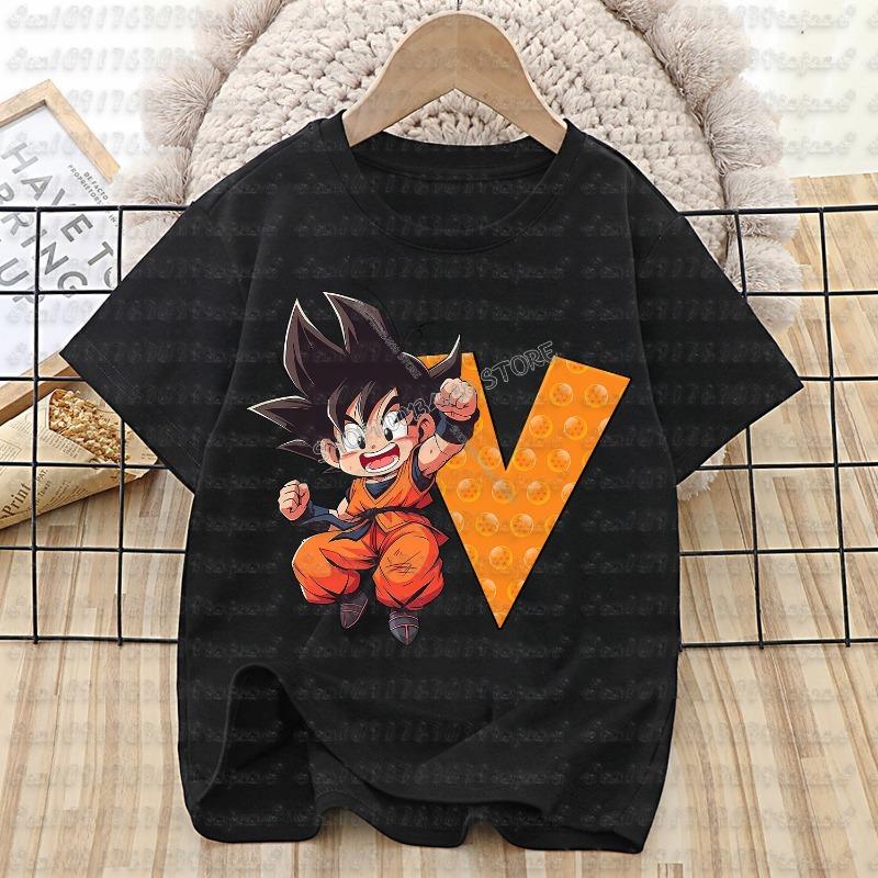 Dragon Ball Goku T-shirt Cotton Children A-Z Letter Tee Top Black Round Collar Clothing Boys Girl Summer Short Sleeve Kids