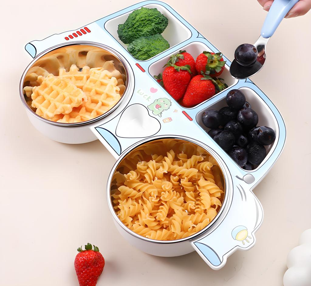 Cute Kids Car Plate with Fork & Spoon, 304 Stainless Steel 6-Grid Toddler Dish Set, Non-Toxic Dishwasher Safe